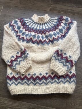 Vintage Nordic Style Circular Yoke Norwegian Cream Fair Isle HandKnit SweaterM/L